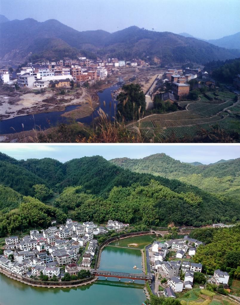 圖為浙江省杭州市淳安縣楓樹(shù)嶺鎮下姜村拼版圖，其中上圖為資料照片、下圖由新華社記者張鋮攝。